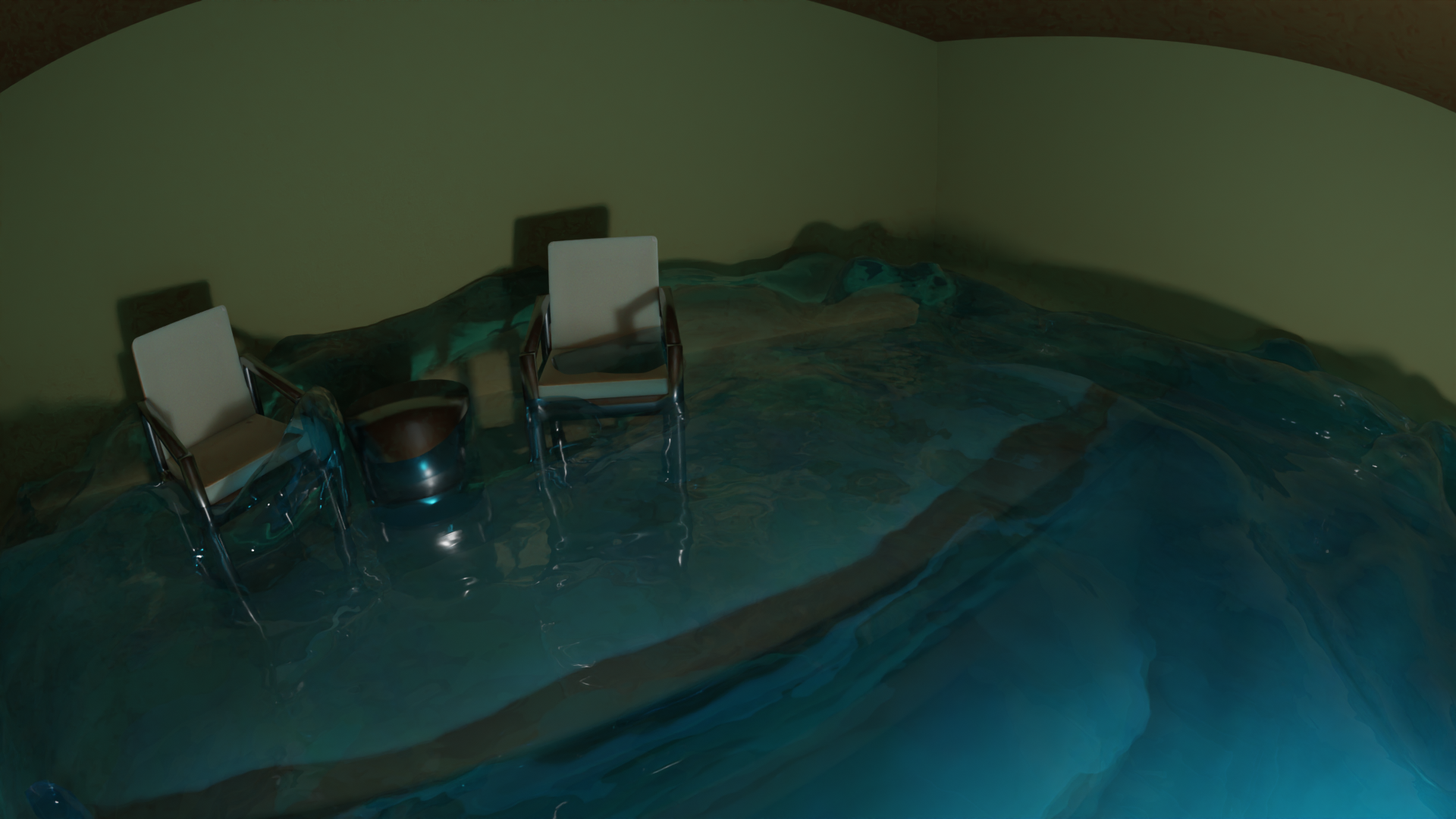 a  3d render of a flooding pool room